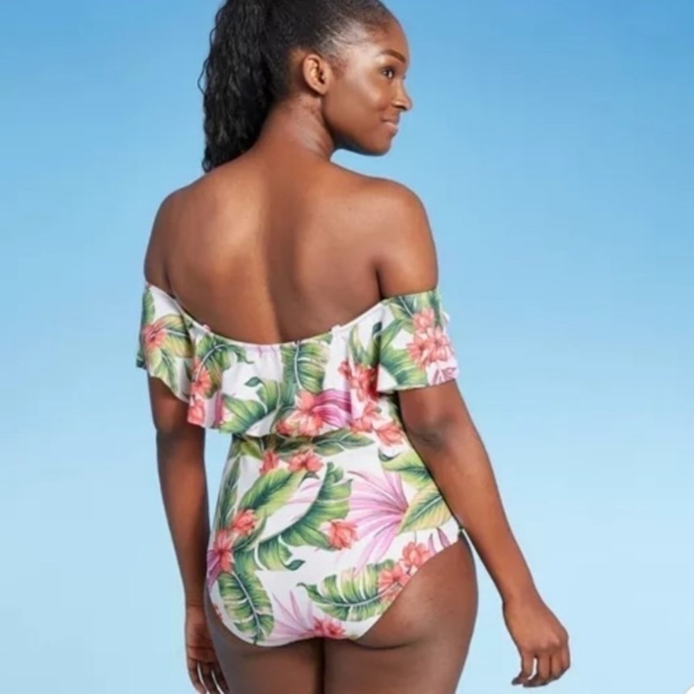 Kona Sol swimsuit‎ Off Shoulder Flounce High Coverage One Piece Tropical - Picture 8 of 9